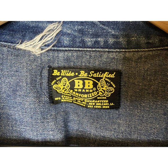 Vintage Men’s Sanforized Pearl Snap Denim Shirt Be Wise Be Satisfied Distressed - Picture 3 of 12